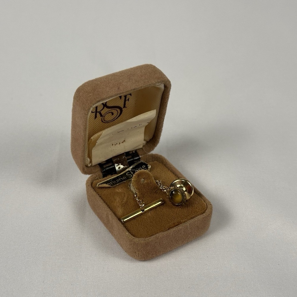 Vintage Simmons 1/20 12K GF Genuine Stone Tie Tack Gold Filled Tie Pin w/ Box